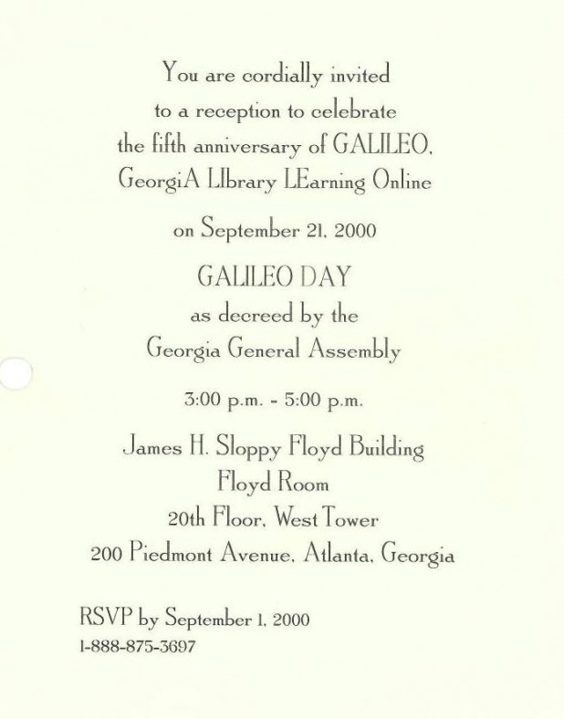 Invitation to GALILEO Fifth Anniversary Reception